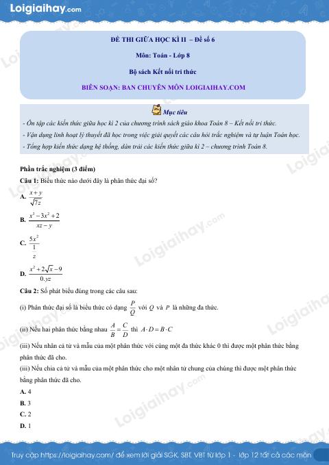 Đề thi giữa kì 2 Toán 8 - Đề số 6 - Kết nối tri thức